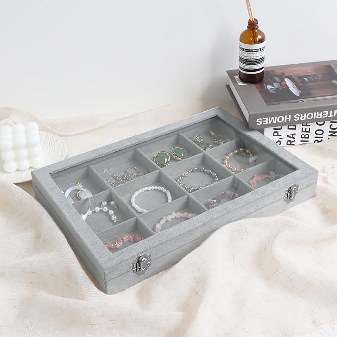 Wudygirl 12 Grid Jewelry Organizer Velvet Jewelry Tray with Clear Lid Jewelry Box Bracelet Holder Display Case Storage Bracelets Rings Earrings Organizer (12 Grid)