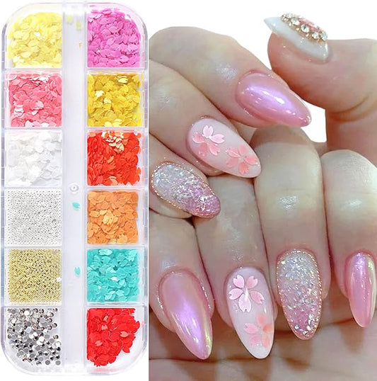 Cherry Petals Glitter, Mixed Flower Beads Rhinestone Decoration Floral Acrylic Nails Designs for Women and Girls Manicure