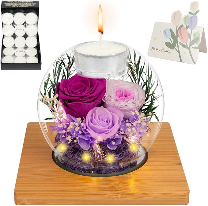 Preserved Purple Real Rose in Glass with Scented Candles–Eternal Flower Romantic Anniversary Mothers Day Christmas Birthday Valentines Day Gifts for Her, Women, Wife, Girlfriend, Mom, Grandma
