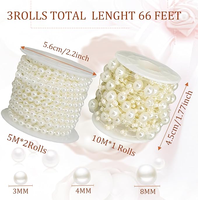 3 Rolls Pearls String Beads Decoration Pearl Garland for Christmas Tree Faux Pearl Garland Roll Strand for Crafting String of Flowers Wedding,66 Feet (Ivory)