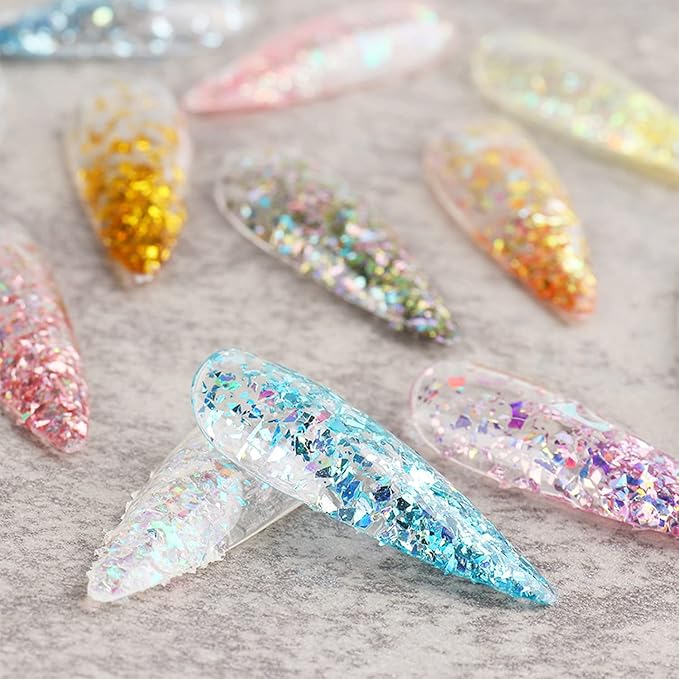 12 Colors Glitter Nail Art Sequins, Holographic Irregular Iridescent Shiny Nail Flakes Decorations 3D Ultra-Thin Powder Nail Art Design for Women Manicure Sparkly Acrylic Supplies, Resin Nail Art Tips