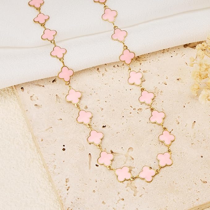 GTVOODX 8mm Pink Enamel Clover Chain Roll Gold Filled 3 Meters Stainless Steel Handmade Link Chains Spool Bulk for Women Jewelry Making with Lobster Clasps Jump Rings