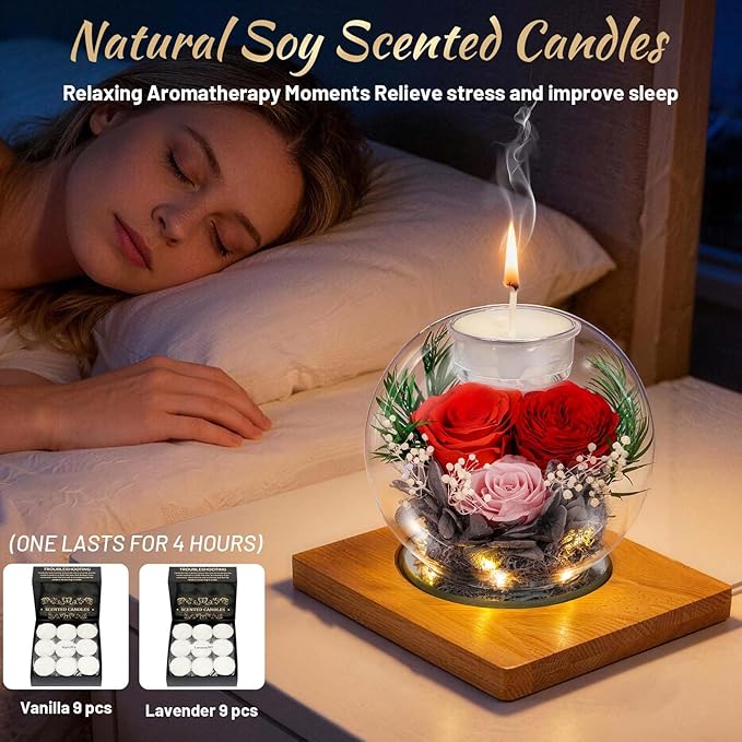 Preserved Red Real Rose in Glass with Scented Candles–Forever Flower Romantic Anniversary Mothers Day Christmas Birthday Valentines Day Gifts for Her, Women, Wife, Girlfriend, Mom, Grandma