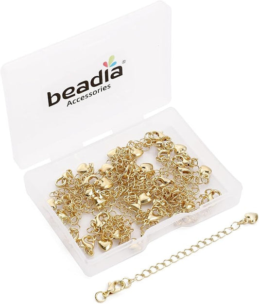 BEADIA 14K Gold Plated Extender Chains 75mm 20pcs Smooth Heart Extension Tail Chains for Jewelry Making Findings