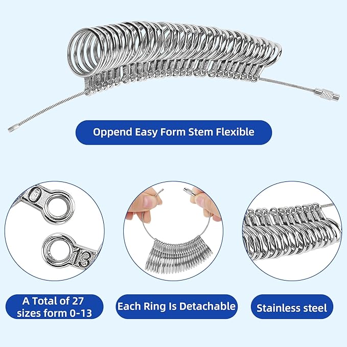 CllyCnny Ring Sizer Measuring Tool Kit : Mandrel Measurer with 27 Steel Measuring Rings US 0-13, 2 PCS Finger Size Gauge US 1-17, 4 PCS Finger Measurer Adjuster for Loose Rings for Men Women