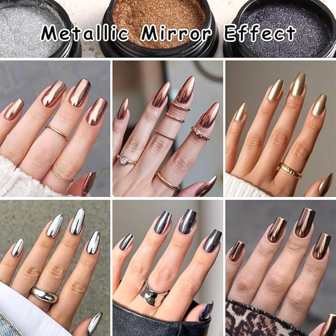Chrome Nail Powder Mirror Effect Metallic Dust, 6 Colors Bronze Brown Black Rose Gold Holographic Glitter Chrome Powder Pigment for DIY Gel Polish Nail Art Decoration, Resin Craft