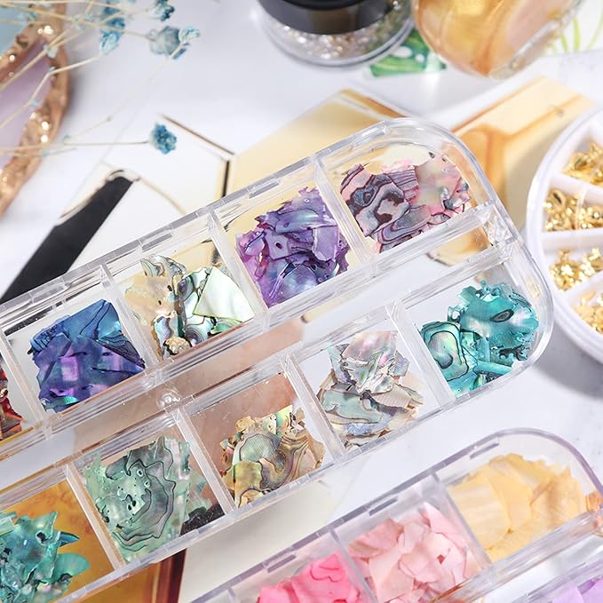 Abalone Seashell Nail Art Slices, Holographic 3D Mermaid Irregular Nail Art Glitter Flakes, Ocean Beach Shell Nail Sequins Supplies for Women Girls Manicure Sparkly Decoration, DIY Resin Nail Art Tips