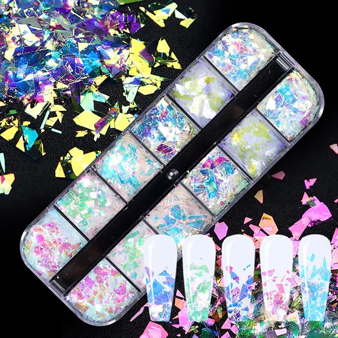 12 Colors Holographic Nail Art Glitter Sequins Iridescent Ice Slag Nail Glitter Flakes Irregular Mermaid Nail Sequins Colorful Fluorescent Glass Paper Nail Decoration for Face Hand Body Make-up DIY