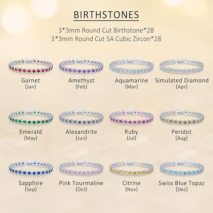 Birthstone Tennis Bracelets for Women Birthday Gifts 925 Sterling Silver Hexagon White Gold Bracelets Round Cut 5A Cubic Zirconia Prong Setting 7 Inch Anniversary Jewelry Gift