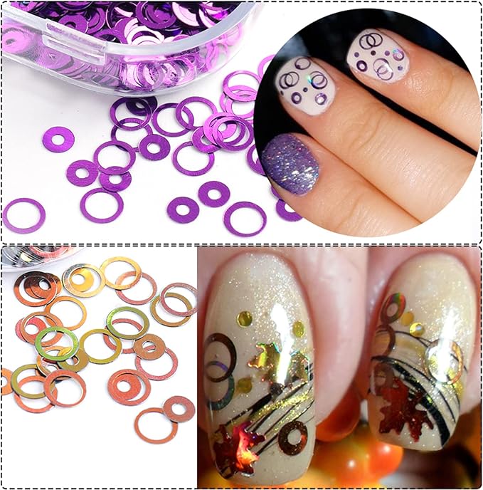 Circle Glitter Nail Art Sequins, 3D Hollow Circle Shape Glitters Flakes Designs, Holographic Laser Shiny Round Nail Supplies for Women Girls Manicure Charms Decorations DIY Resin Nail Art Tips