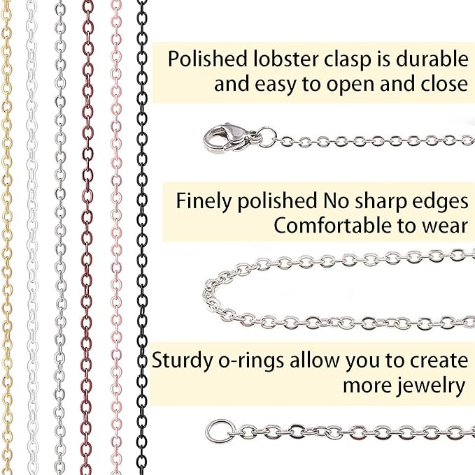 Jishi 60ft Jewelry Necklace Chains 2mm Jewelry Chain Links for Making Bracelets Earrings DIY Craft Supplies Findings, 6-Colors Gold Silver Copper Plated Metal Cable Rolo Link Chain Rolls Bulk