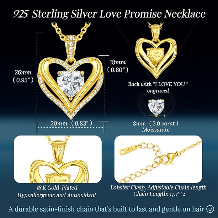 Moissanite Infinity Love Heart Pendant Necklaces for Women, 1-3 Carat 925 Sterling Silver 18K Gold Plated Engraved with"I LOVE YOU', Anniversary Birthday Present Jewelry Christmas Valentines Day Gift for Women Wife Girlfriend Her
