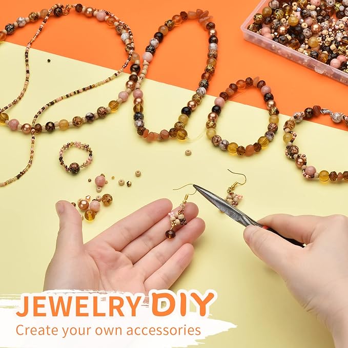 Craft Crystal Beads Jewelry Making Kit, Shade Brown Beads Including 8 Types of Round Beads, with Bicone Beads, Rondelle Beads, Gravel Beads and Seed Beads for Bracelet Making