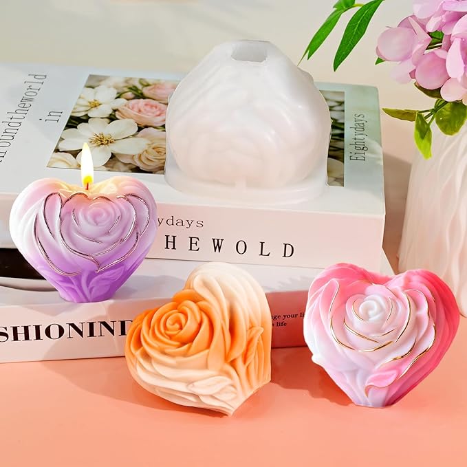 ZQYSING Rsoe Candle Molds, 3D Heart Shaped Rose Flower Silicone Molds, Valentine's Day Heart Mold, DIY Aromatherapy Candle Clay Craft Soap Plaster Crafts Casting