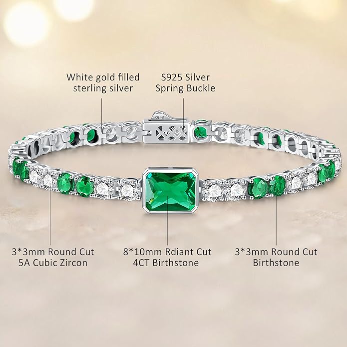 Birthstone Bracelets for Women Birthday Gifts 4CT Radiant Cut Birthstone 4mm Sterling Silver White Gold Tennis Bracelets for Women Round Cut 5A Cubic Zirconia Bezel Setting 7 Inch