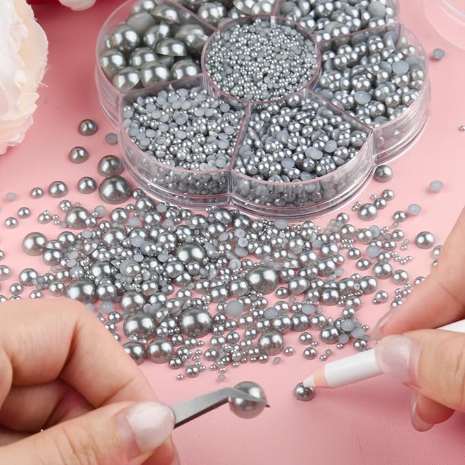 NACHLYNN 6480 Pcs Flat Back Pearl 7 Sizes Half Pearl Bead Silver Gray Half Round Pearls for Crafts Embellishment Shoes Clothes Bags DIY Making