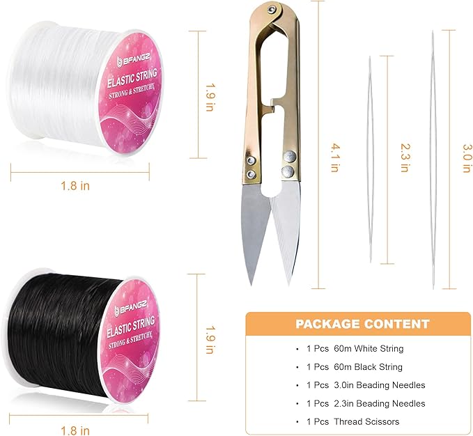 Stretchy String for Bracelets, BFANGZ Elastic String Jewelry Bead Cord with 2Pcs Beaded Needles and A Scissors for Seed Beads, Pony Beads, Bracelets and Jewelry Making (120M Black White)