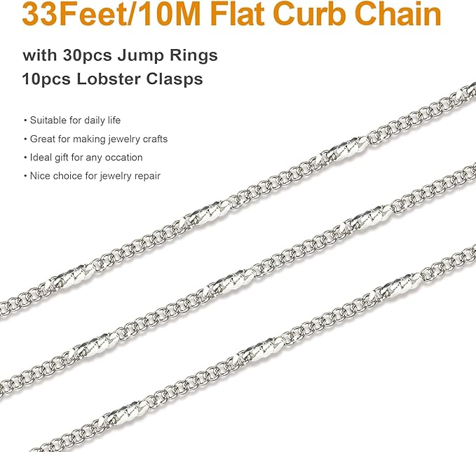 Kyutong 10M Stainless Steel Chain for Jewelry Making Thin Curb Silver Chains for Necklace Bracelet Making Supply Jewelry Findings