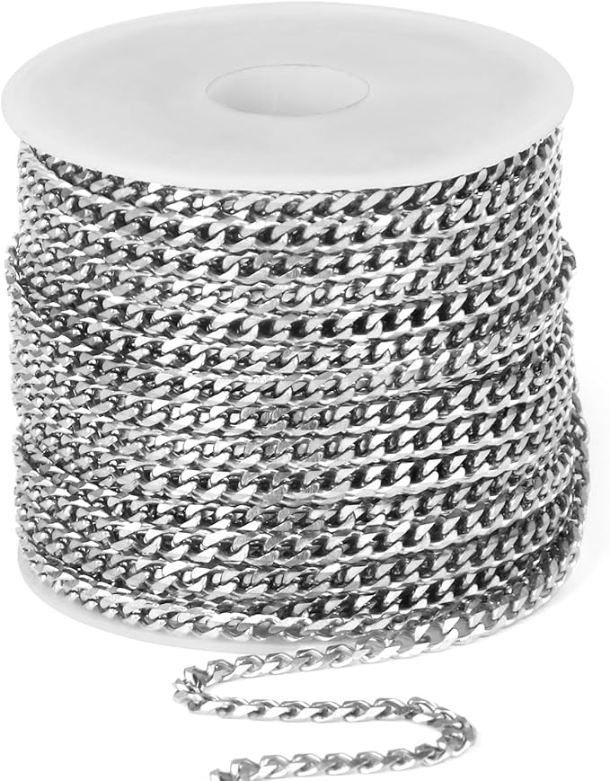 33FT Stainless Steel Cuban Chain Roll 3MM Width Diamond-Cut Curb Link Chains Spool Bulk for DIY Crafts Jewelry Making