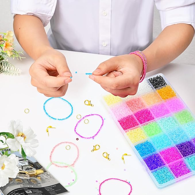 Vtssvow 3mm Glass Seed Beads for Bracelets Making, 28 Colors 11000pcs Friendship Bracelet Making Kit, Small Glass Beads for Jewelry Making (Mix 28 Color, Color Lined)