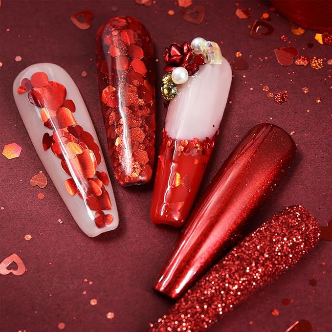 6Pcs Valentines Nail Art Glitter Flake 3D Red Nail Sequins Heart Shaped Nail Art Decoration Holographic Valentine’s Day Nail Glitter Decals Romantic Red Powder Flakes for Body Makeup Nails Accessories