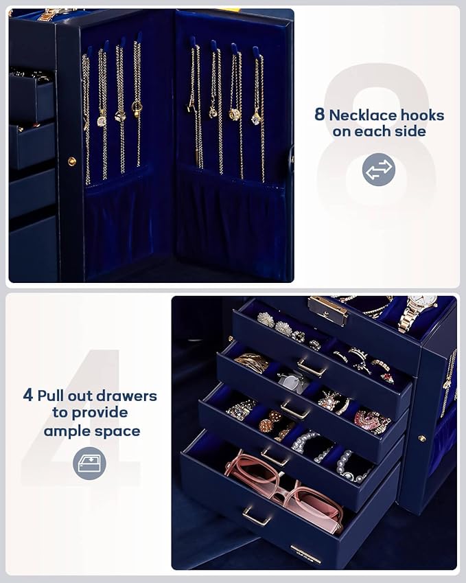 Homde Valentine's Day Gifts Synthetic Leather Huge Jewelry Box Mirrored Watch Organizer Necklace Ring Earring Storage Lockable Gift Case (Dark Blue + Gold)