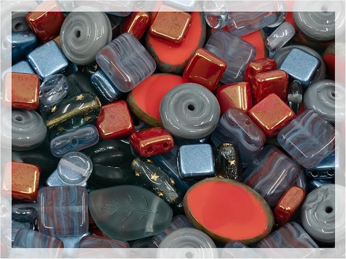 1.4oz (40g) Limited Mix of Czech Glass Beads Table Cut, Matte and Glossy, Faceted Fire Polish, Hand Made Set Kit, Gray Coral Lava