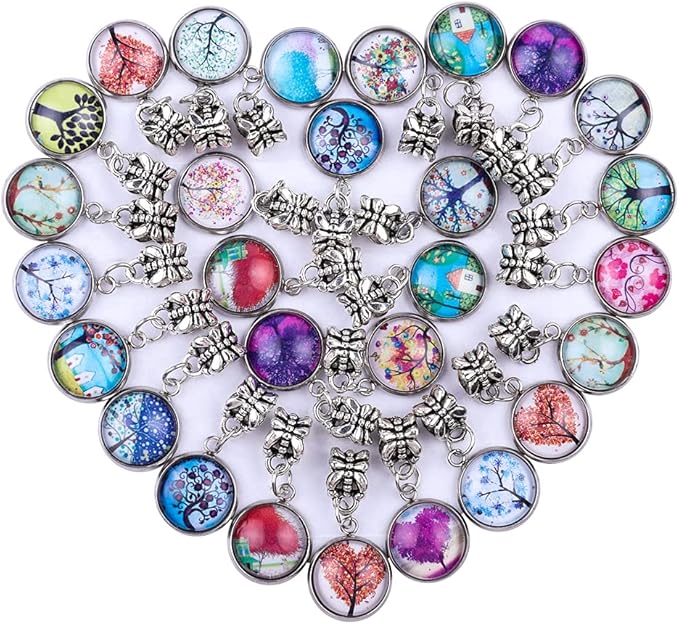50 Pieces Assorted European Beads with Plating Silver Metal Alloy Spacer Beads and Colorful Crystal Pendant Craft Beads for DIY Charm Bracelet Jewelry Making (Life Tree Gem Pendant)