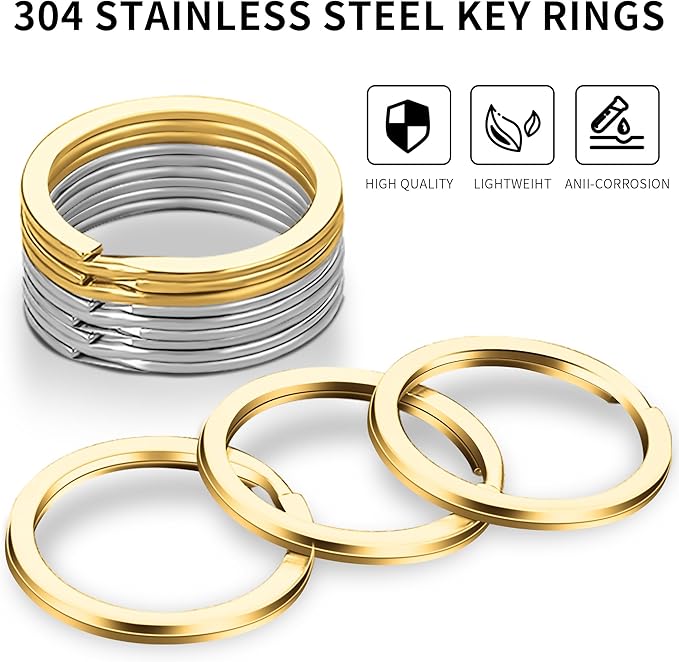 Gkeygo Key Rings, 12 pcs Stainless Steel Key Ring for Keychains, 1inch Flat Split Keychain Ring for Car Keys Dog Ring Tag Lanyards Home School Office DIY, Silver - Gold