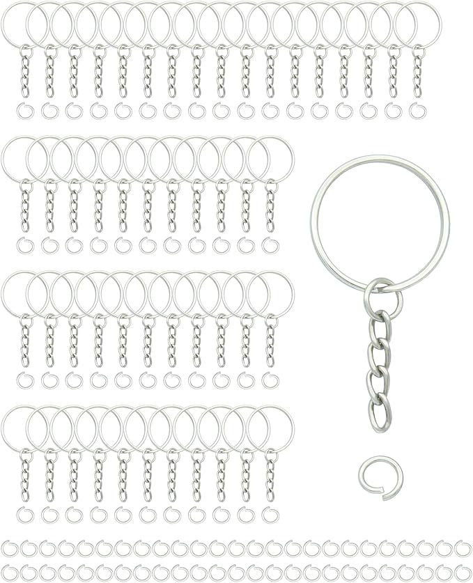 ZoloAJay 50Sets 1 inch Keychain Rings Silver Split Round Key Ring with Chain and Open Jump Rings for DIY Keychain Making Crafts
