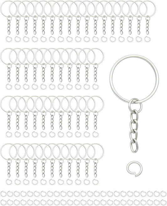 ZoloAJay 50Sets 1 inch Keychain Rings Silver Split Round Key Ring with Chain and Open Jump Rings for DIY Keychain Making Crafts