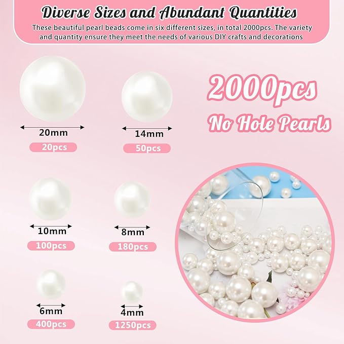 2000PCS Pearls for Crafting, Ivory No Hole Beads for Centerpieces Vases, Assorted Sizes Bulk Fake Pearls Beads for Vase Filler, Candles Centerpiece, DIY Crafts, Jewelry Making (4/6/8/10/14/20mm)
