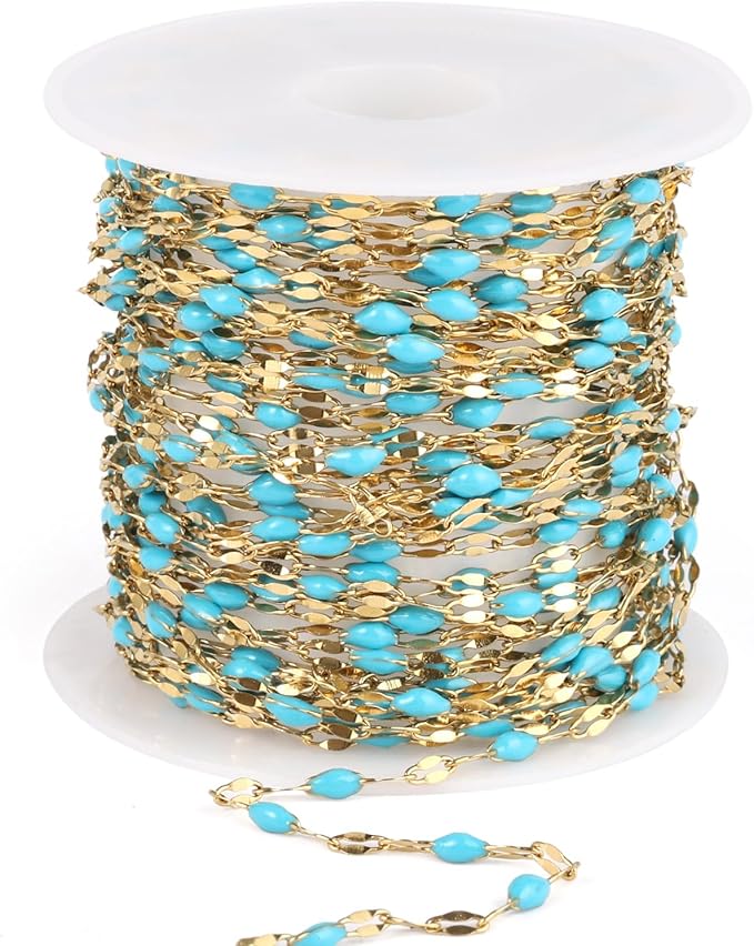 16.5FT Gold Blue Enamel Dapped Chain Roll, 2MM 18K Gold PVD Plated Stainless Steel Enalem Lip Link Chains Spool Bulk for DIY Jewelry Making