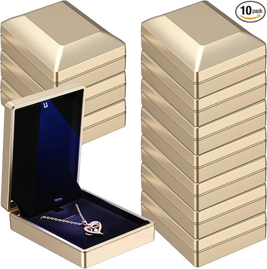 Landical 10 Pcs Pendant Necklace Box with LED Light Velvet Necklace Case for Pendant Bracelet Ring Earring, Jewelry Storage(Gold)