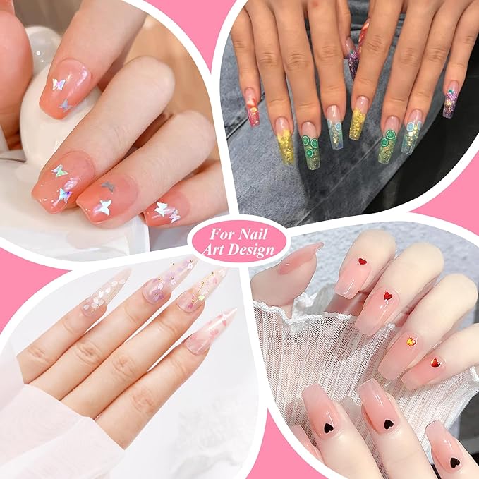 5 Boxes 60 Colors Holographic Nail Art Sequins Kit,Fruit Slice,Iridescent Sparkle Laser Hollow 3D Star Butterfly Heart Round Mixed-shapes Nail Glitter Flakes for Manicure Body Makeup(3-colorful-kit3)