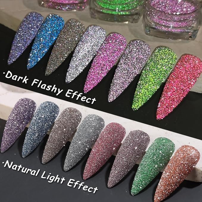 Reflective Glitter Powder Set, 8 Colors Holographic Sparkle Glitter Dust, Flash Diamond Silver Pink Red Purple Blue Shiny Sugar Dipping Pigment DIY Manicure Nail Art Decoration Crafts