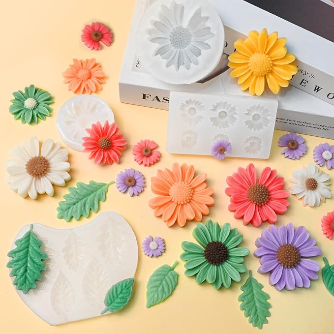 ZQYSING 4 Pack Daisy Silicone Molds with Leaf Mold, Set of Large + Medium + Small + Mini Daisy Flower Molds for Candles Wax Soap Epoxy Resin Plaster Fondant Chocolate Cake Cupcake Topper Decoration