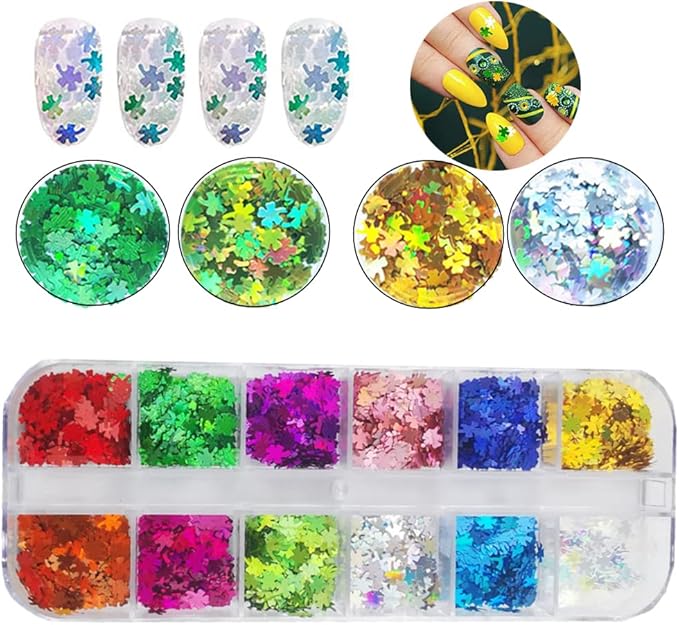 Clover Glitter Nail Art Sequins, 12 Colors Clover Leaf Glitter Acrylic Nails Supplies for Women, Girls & Manicure St. Patrick's Day Decorations, DIY Crafts