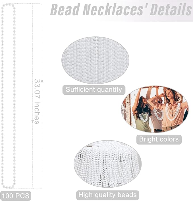 Beaded Necklace, 100PCS White Mardi Gras Beads Stuff Party Favors, 33" Holiday Toy Costume Bulk, Festival Parade Throw Accessories for Wedding Birthday Celebrations Decoration