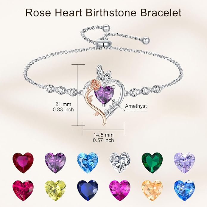 TOUPOP Rose Heart Birthstone Bracelet 925 Sterling Silver Butterfly Heart Bracelet Love Jewelry for Women Anniversary Valentines Day Birthday Gifts for Her Wife Mom