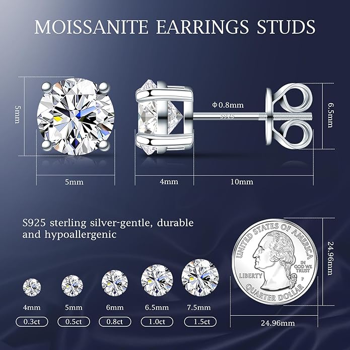 Moissanite Earrings for Men Women, 0.2ct-3.0ct Men 925 Sterling Silver Earrings, Round Cut Diamond Stud Earrings for Women
