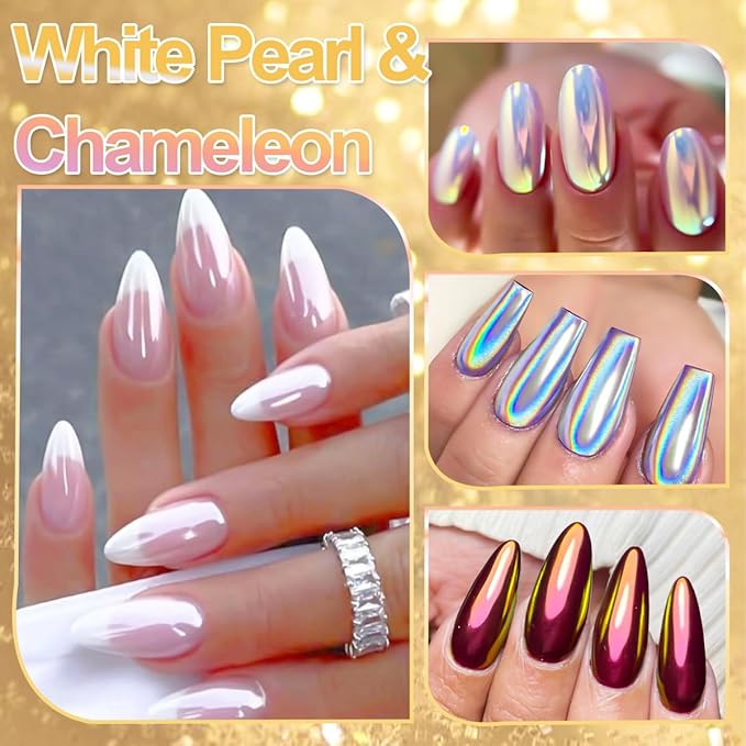 12 Jars Chrome Nail Powder Kit, White Pearl Chrome Nail Powder Metallic Mirror Effect Pigment Holographic Dip Powders & Opal Nails Chunky Glitter Flakes for Home DIY Salon Use