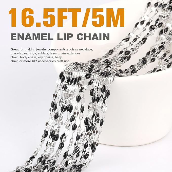 16.5FT Black Enamel Dapped Chain Roll, 2MM Stainless Steel Enalem Lip Link Chains Spool Bulk for DIY Jewelry Making