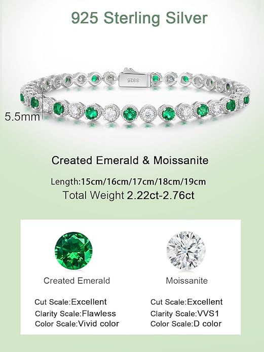 D Color VVS1 Clarity Moissanite and Genuine Sapphire/Emerald/Ruby Tennis Bracelets for Women 2.22ct-10.45ct, Solid 925 Sterling Silver, Anniversary Wedding Valentines Jewelry for Her, Length 5.9-7.5 Inch(15-19cm)