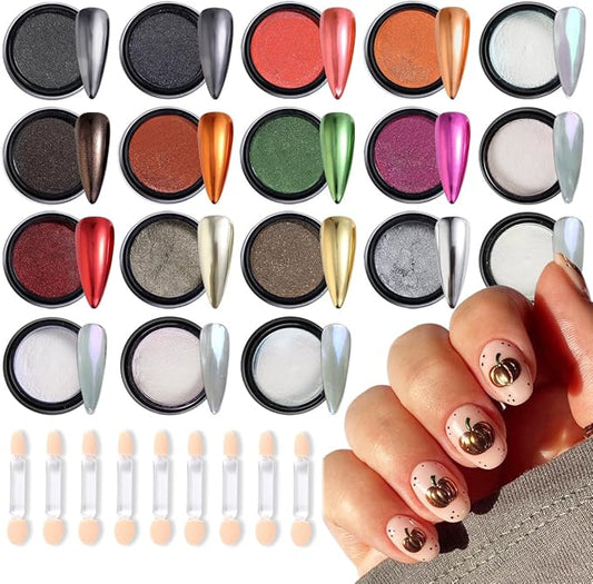 Chrome Nail Glitter Powder Set, 18 Colors Silver Black Red Green Metallic Effect Mirror Powder for Nails with Brushes, Pearl White Chrome Powder for Nails, Glazed Donut Nail Art, Manicure Supplies