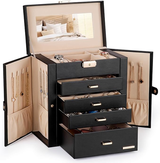 Homde Valentine's Day Gifts Synthetic Leather Huge Jewelry Box Mirrored Watch Organizer Necklace Ring Earring Storage Lockable Gift Case (Black + Gold)