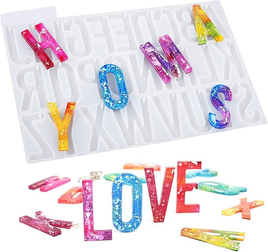 LET'S RESIN Alphabet Keychain Molds with Hole, Large Alphabet Resin Silicone Molds for Epoxy, Resin Letter Molds for Keychain Jewelry Pendant Making