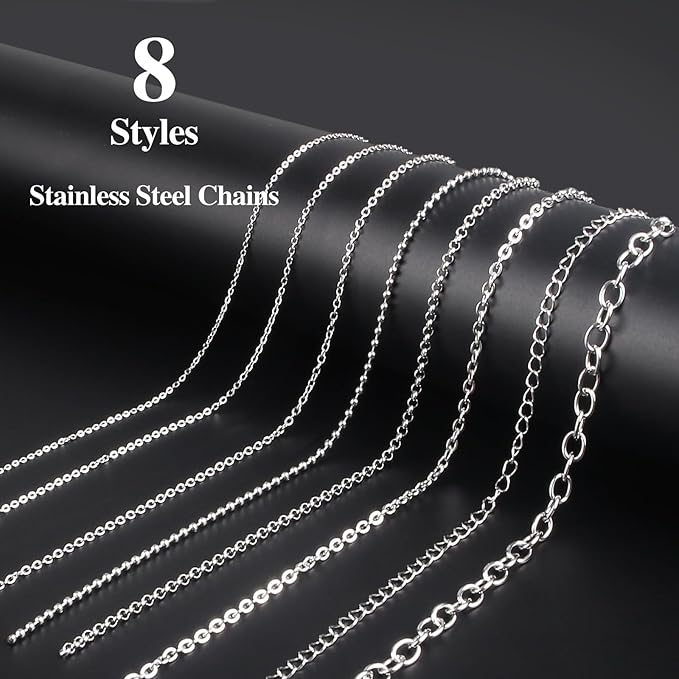 Ecoofor Necklace Chains for Jewelry Making, 62.3 Feet 8 Rolls 304 Stainless Steel Jewelry Chains for DIY Necklace Bracelet Jewelry Making with Stainless Steel Jump Rings/Lobster Clasps/Connectors