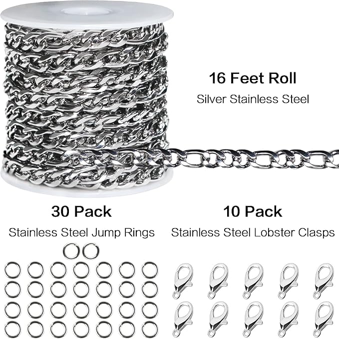 Jishi 16ft Figaro Chain Roll 6mm Silver Stainless Steel Necklace Chain for Jewelry Making,DIY Mens&Womens Necklace Bracelet Crafts Supplies Findings,Metal Figaro Link Chain w/Lobster Clasps,Jump Rings
