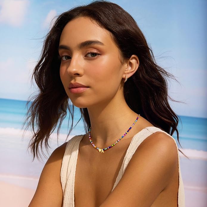 Turandoss Valentines Day Gifts for Kids Teen Girls - Colorful Beaded Initial Necklace, Dainty 14K Gold Plated Heart Letter A-Z Pendant Summer Jewelry Birthday Valentines Day Gifts for Her